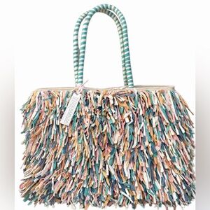 Striped Handle Multicolor Fringe Tote Bag